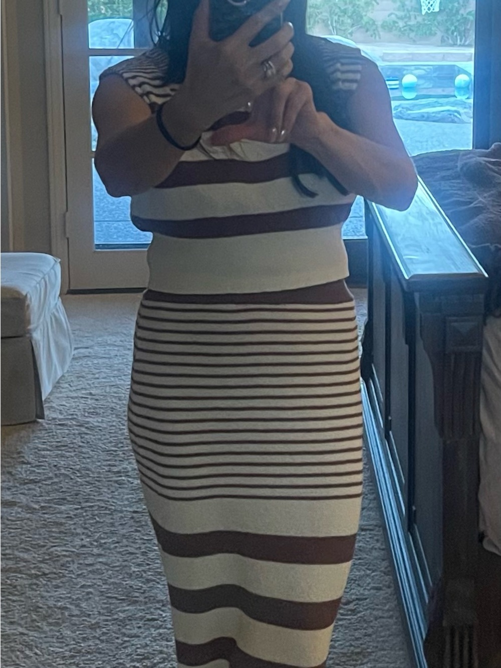 Striped Knit Two-Piece Skirt Set in Cream and Brown
